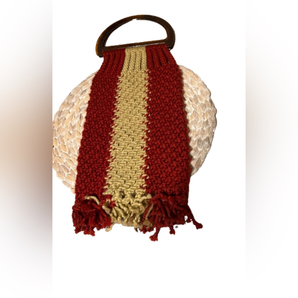 Vintage Handmade Knitting Bag. Hand Knitted/Crocheted w sturdy plastic handles.